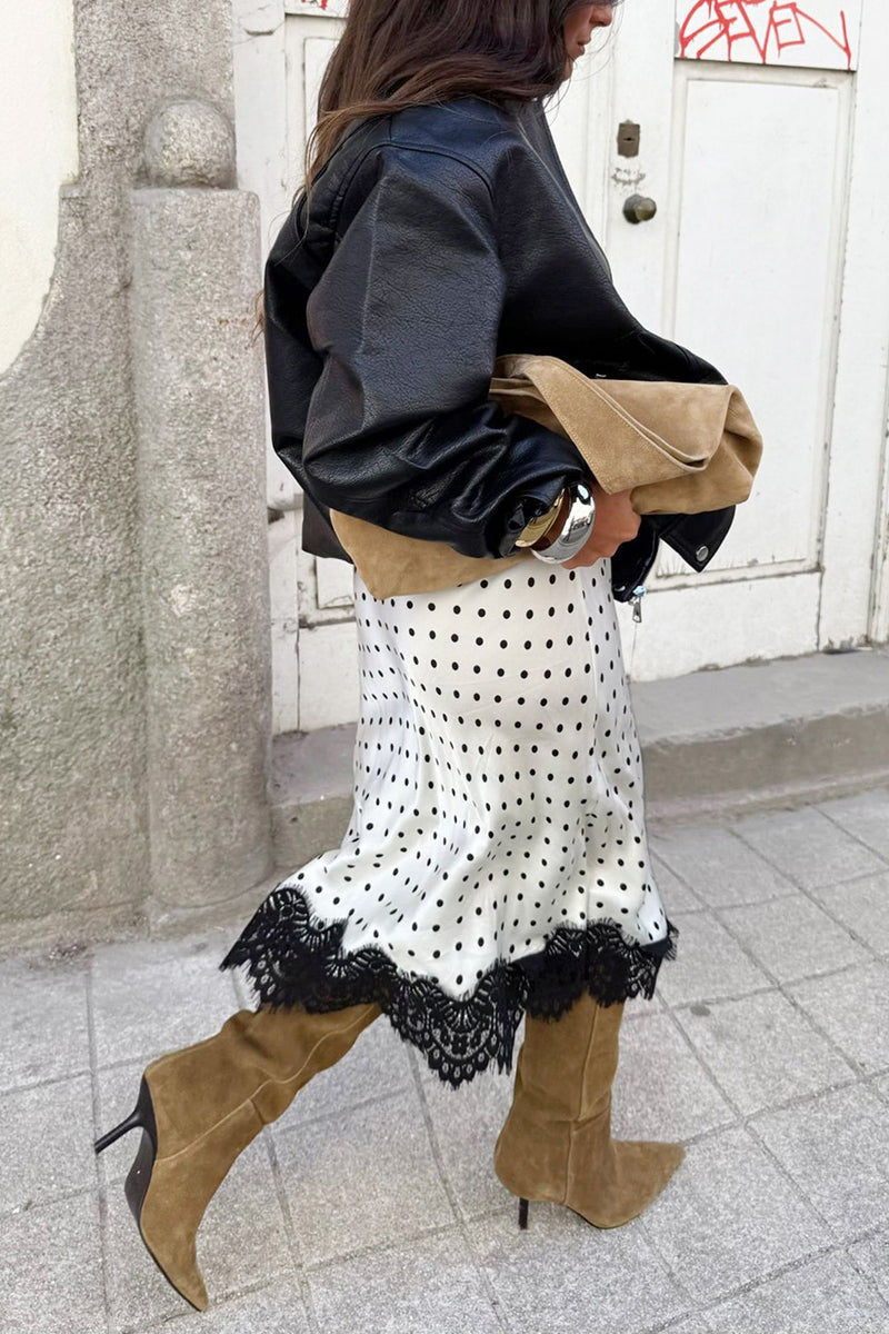 Polka Dot Lace Trim Midi Skirt