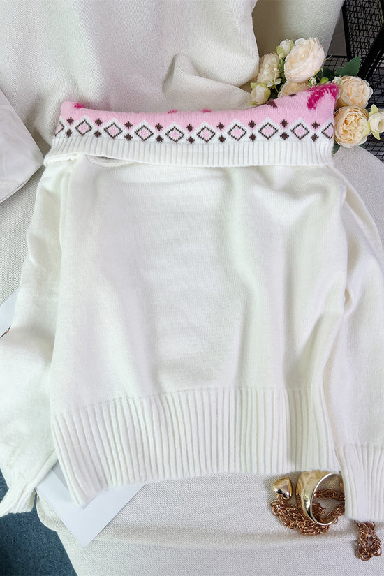 Geometric Trim Off-Shoulder Knit Sweater