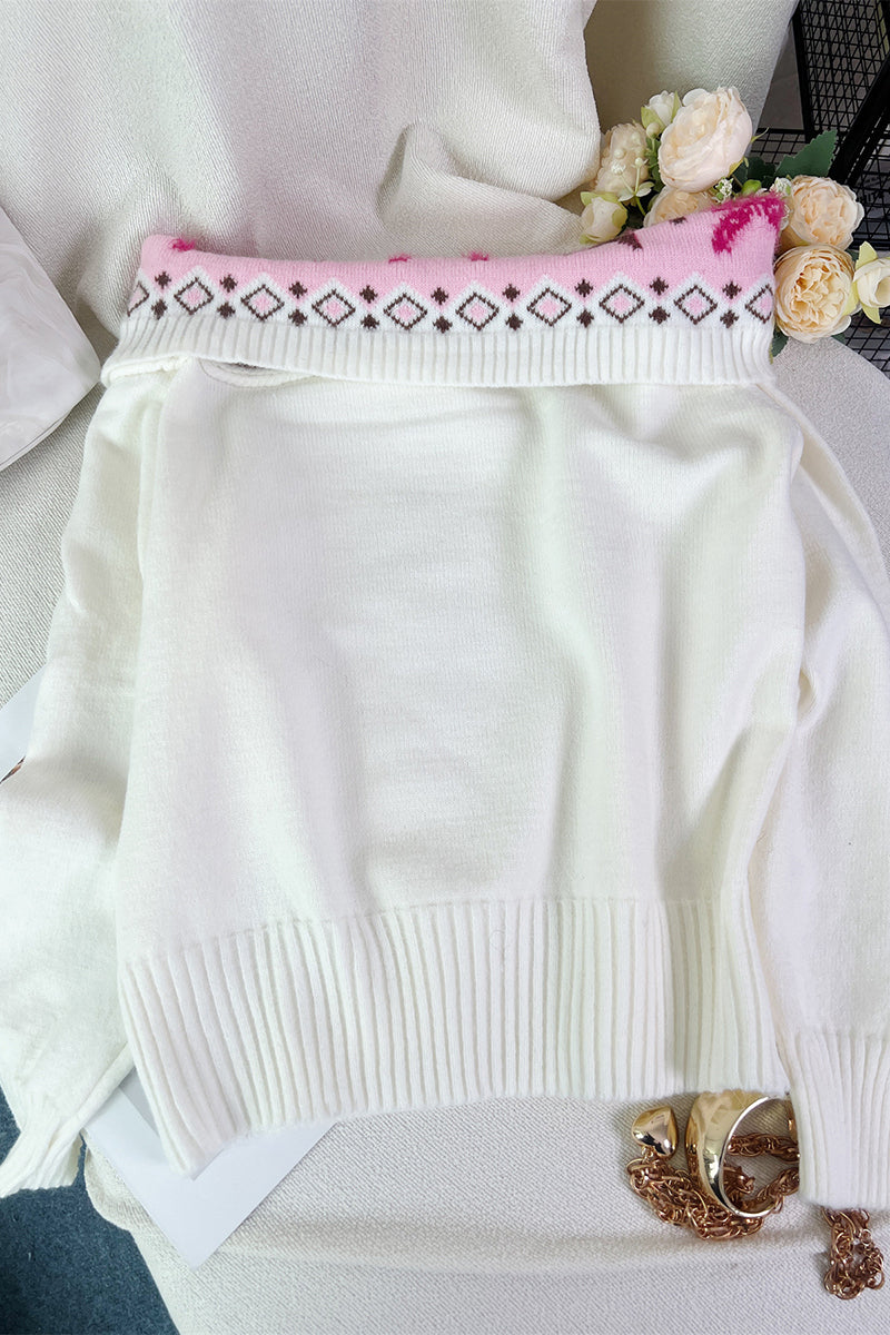 Geometric Trim Off-Shoulder Knit Sweater