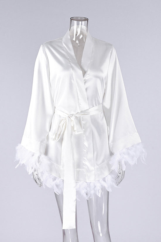 Feather Trim Belted Loungewear Robe