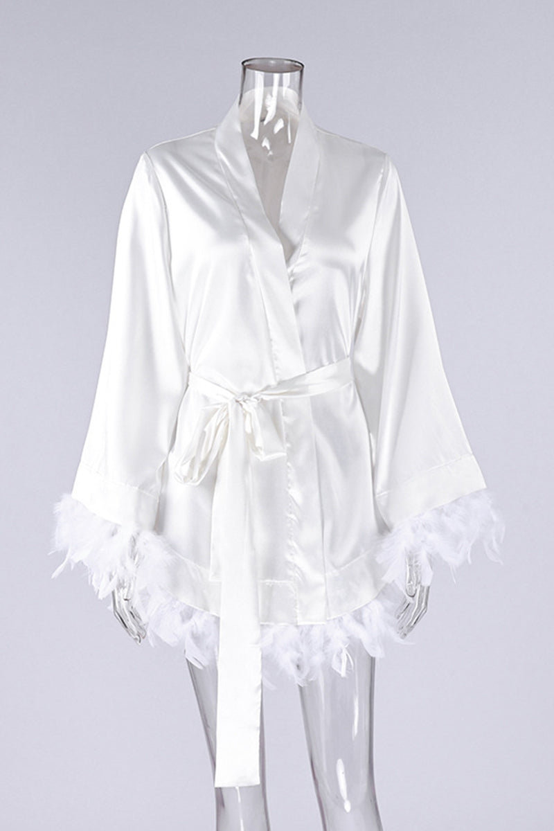 Feather Trim Belted Loungewear Robe