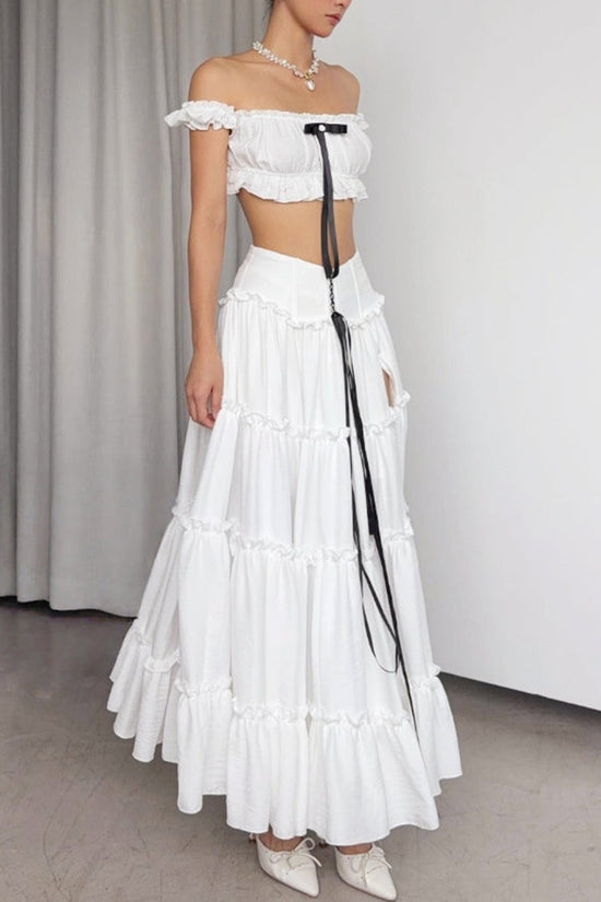 Ruffled Off-Shoulder Lace-Up Skirt Set