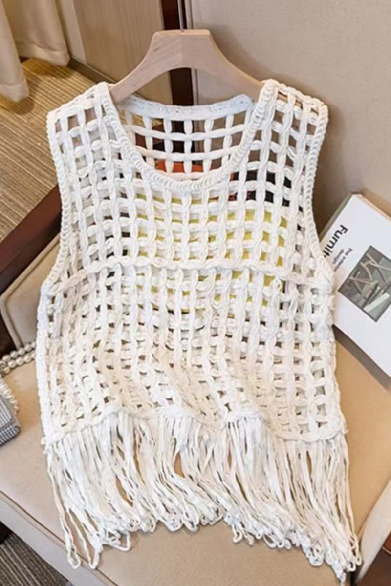 Fringe Open Weave Sleeveless Vest