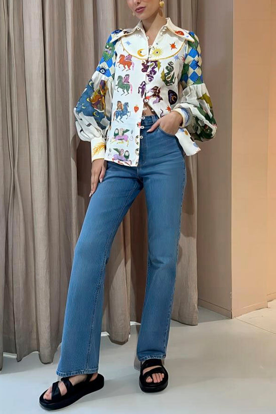 Playful Print Balloon Sleeve Blouse