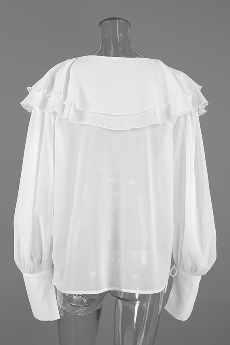 Ruffled Deep-V Long Sleeve Blouse