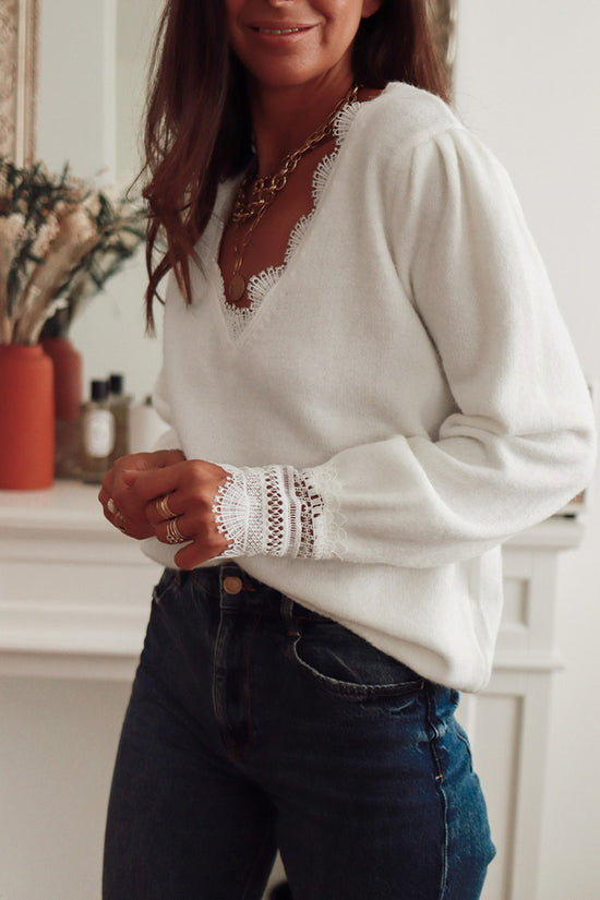 Lace Trim V-Neck Sweater