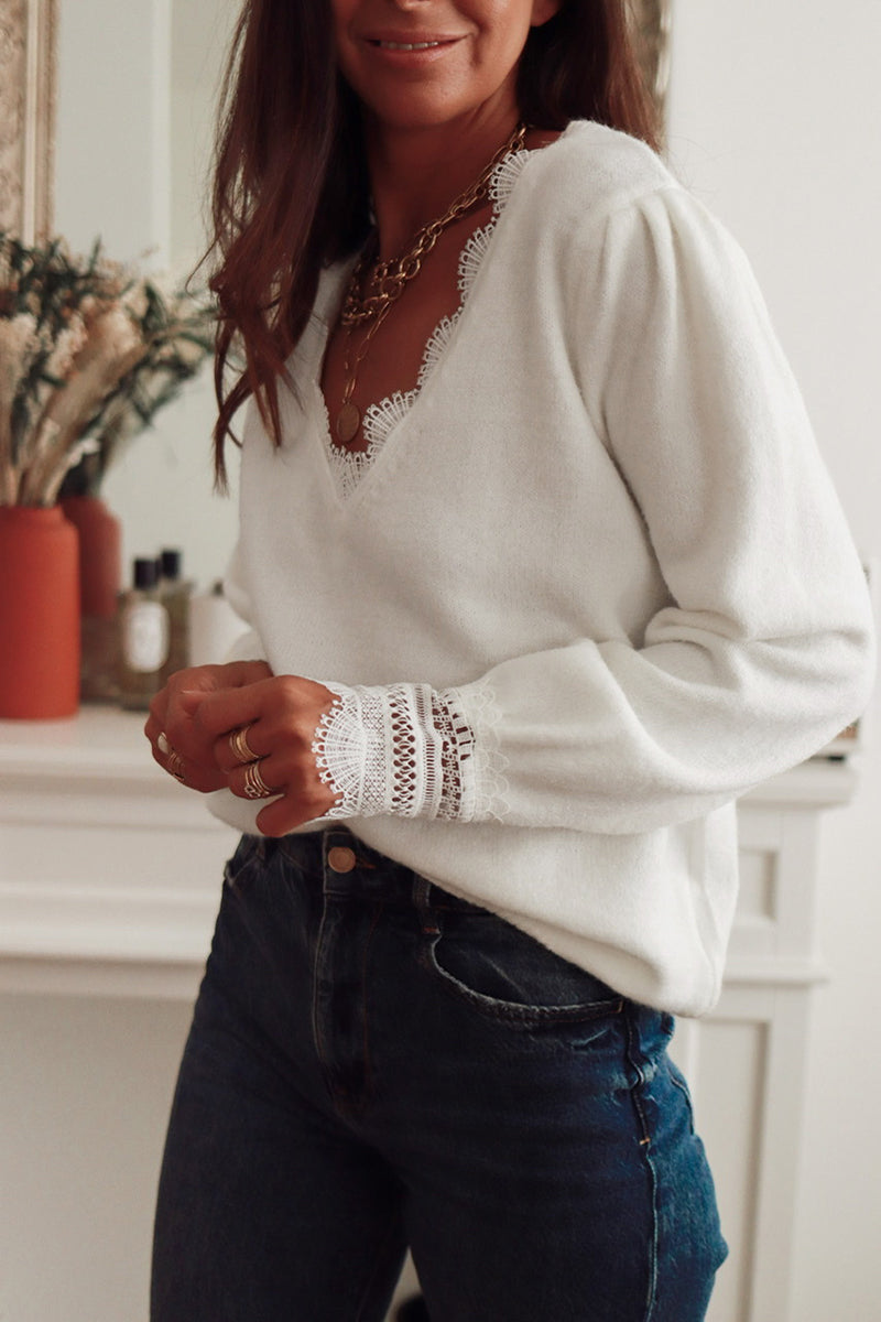 Lace Trim V-Neck Sweater