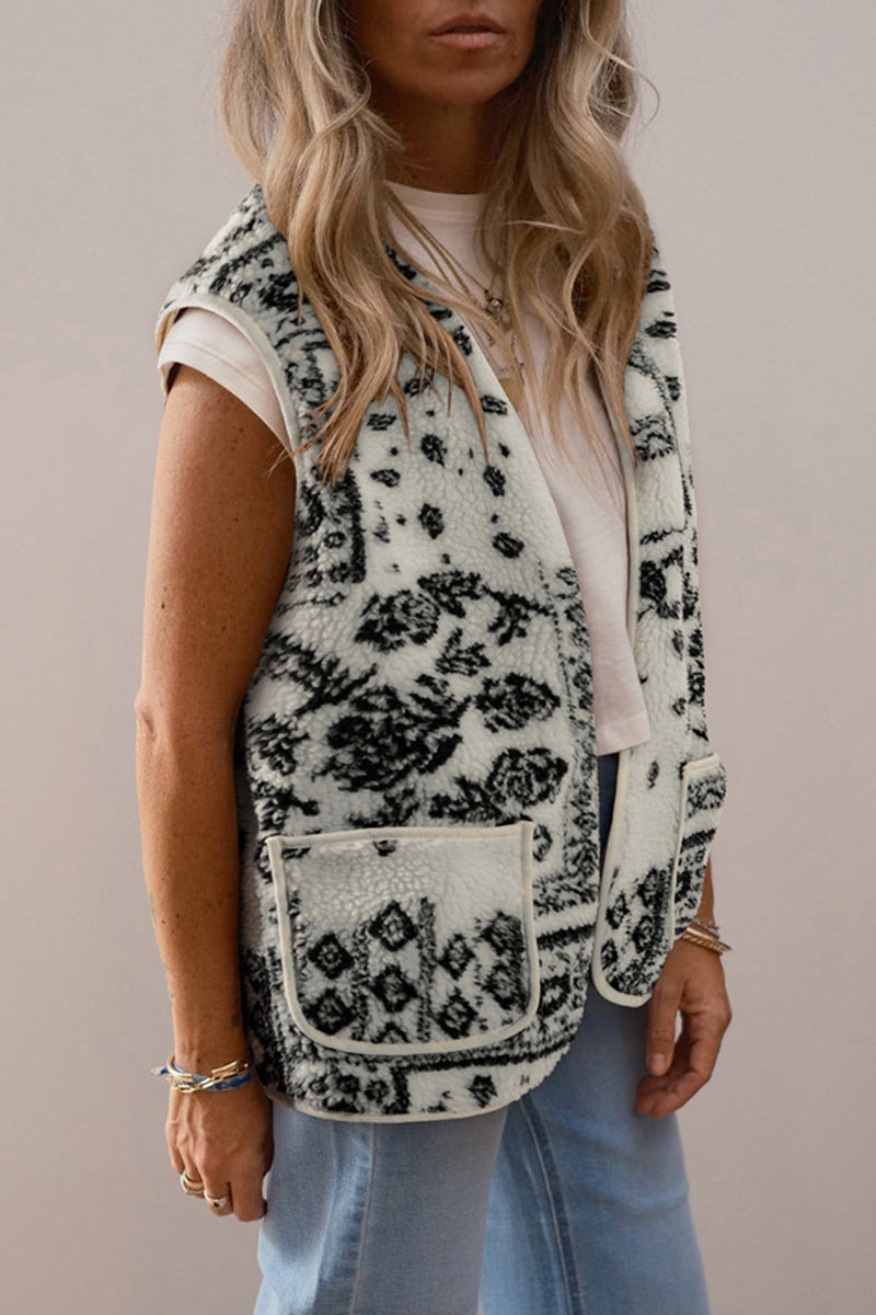 Patterned Sleeveless Vest with Pocket Detail