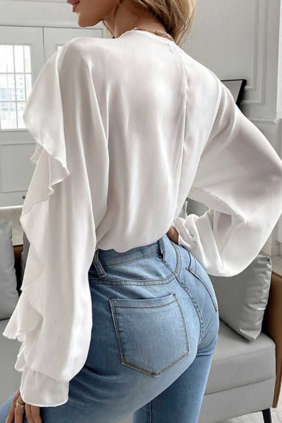 Ruffle V-Neck Button-Up Blouse