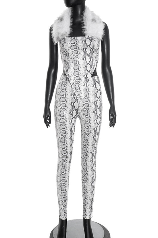 Snake Print Fur Collar Pants Set