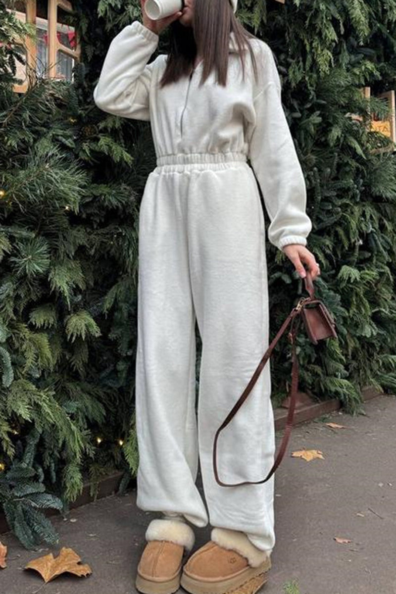 Cozy Zip-Up Jumpsuit with Elastic Waist