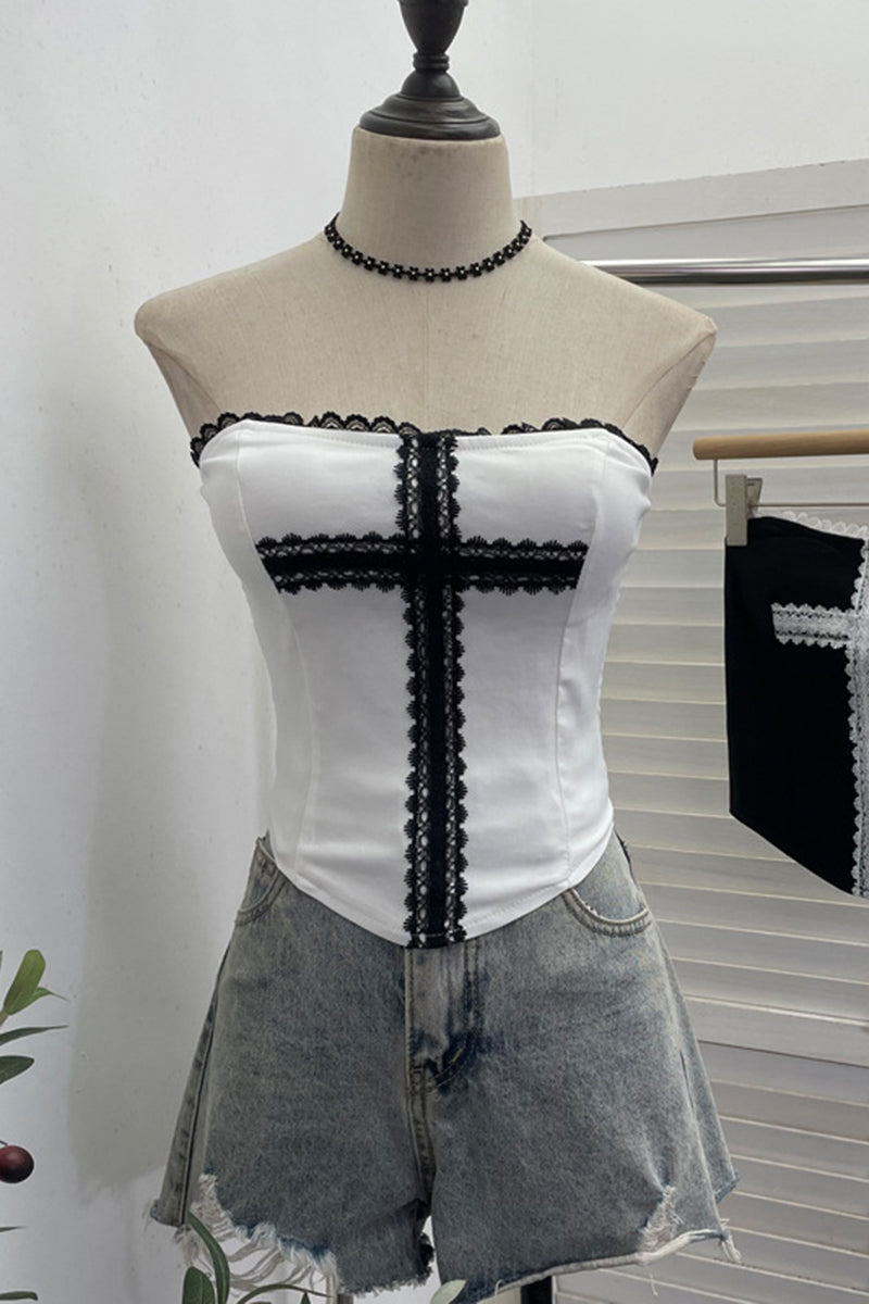 Lace Trim Strapless Corset Top