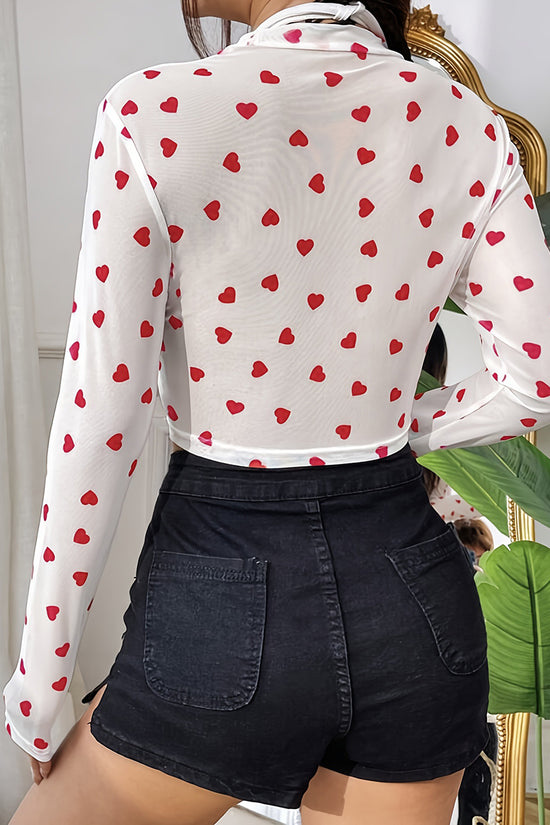 Heart Print Sheer Long Sleeve Top