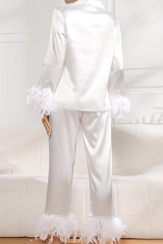 Feather Trim Buttoned Loungewear Set