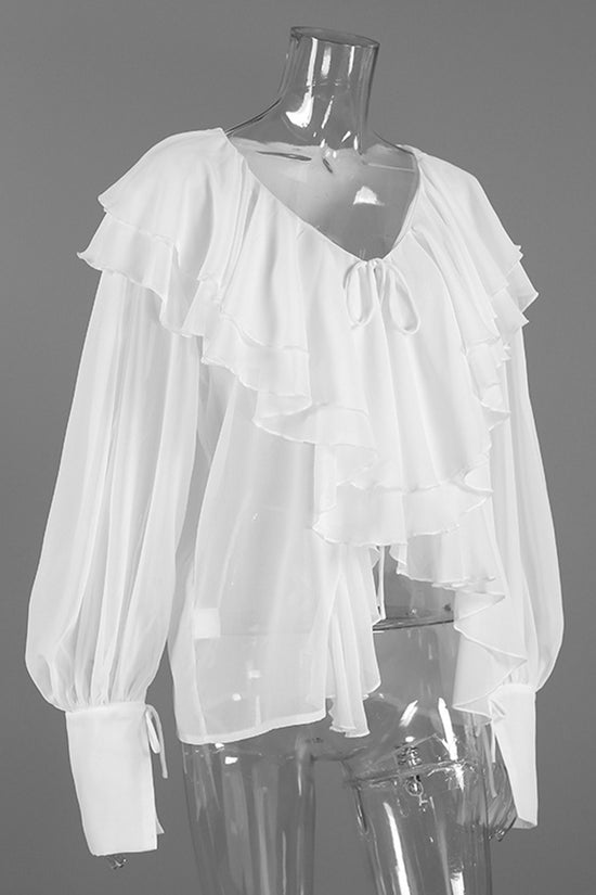 Ruffled Deep-V Long Sleeve Blouse