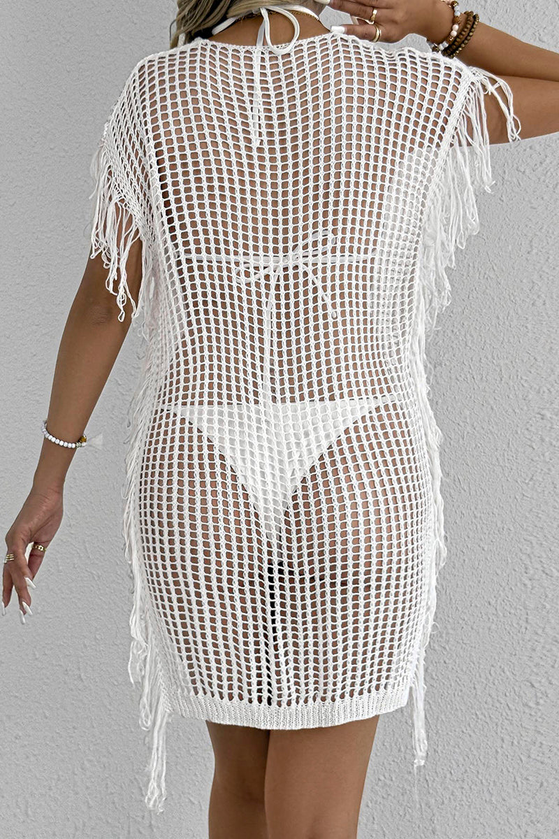 Fringe Trim Open-Knit Beach Cover-Up