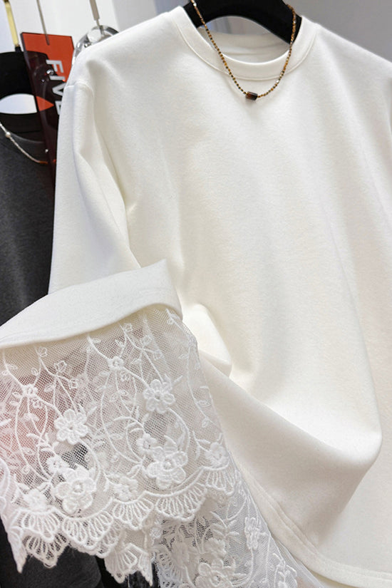 Lace Trim Long Sleeve Loose Fit Top