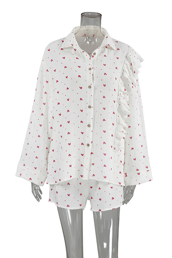 Heart Print Ruffle Pajama Set