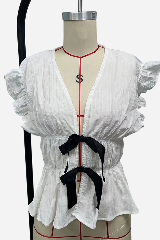 Peplum Bow Accent V-Neck Short Sleeve Top