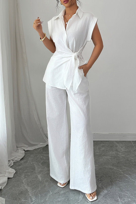 Elegant Sleeveless Shirt and Wide-Leg Pants Set