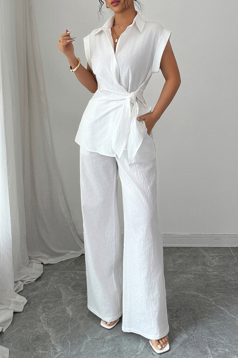 Elegant Sleeveless Shirt and Wide-Leg Pants Set