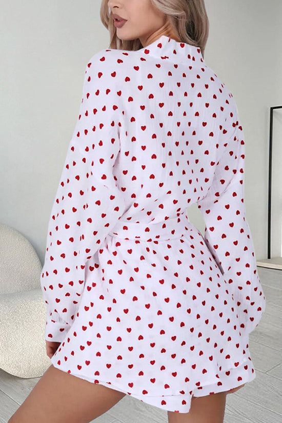 Heart Patterned Tie Waist Loungewear Set