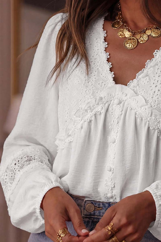Solid Floral Guipure Lace   Long Sleeve Blouse