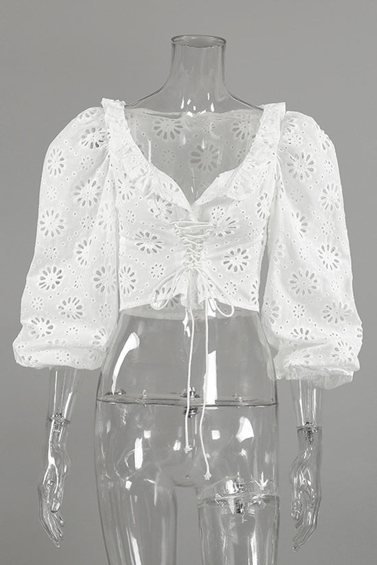 Eyelet Ruffle Long Sleeve Blouse