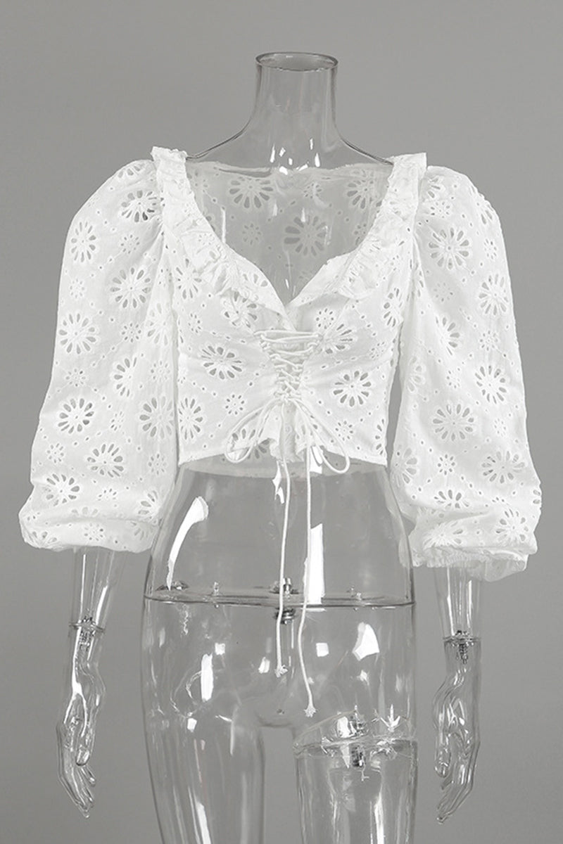 Eyelet Ruffle Long Sleeve Blouse