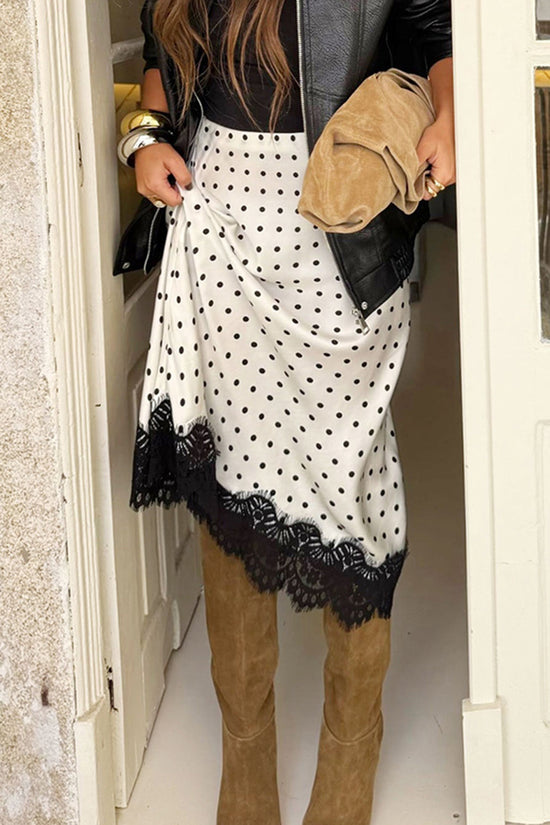 Polka Dot Lace Trim Midi Skirt