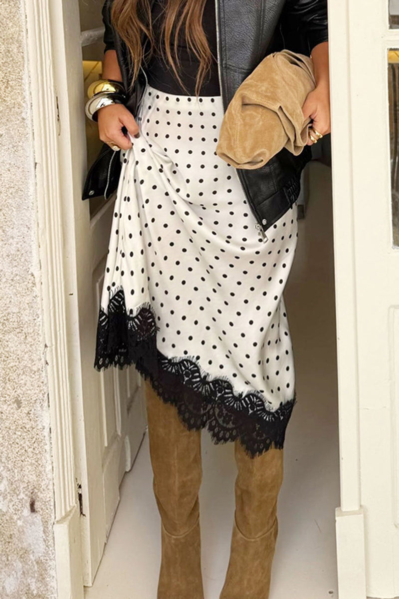 Polka Dot Lace Trim Midi Skirt