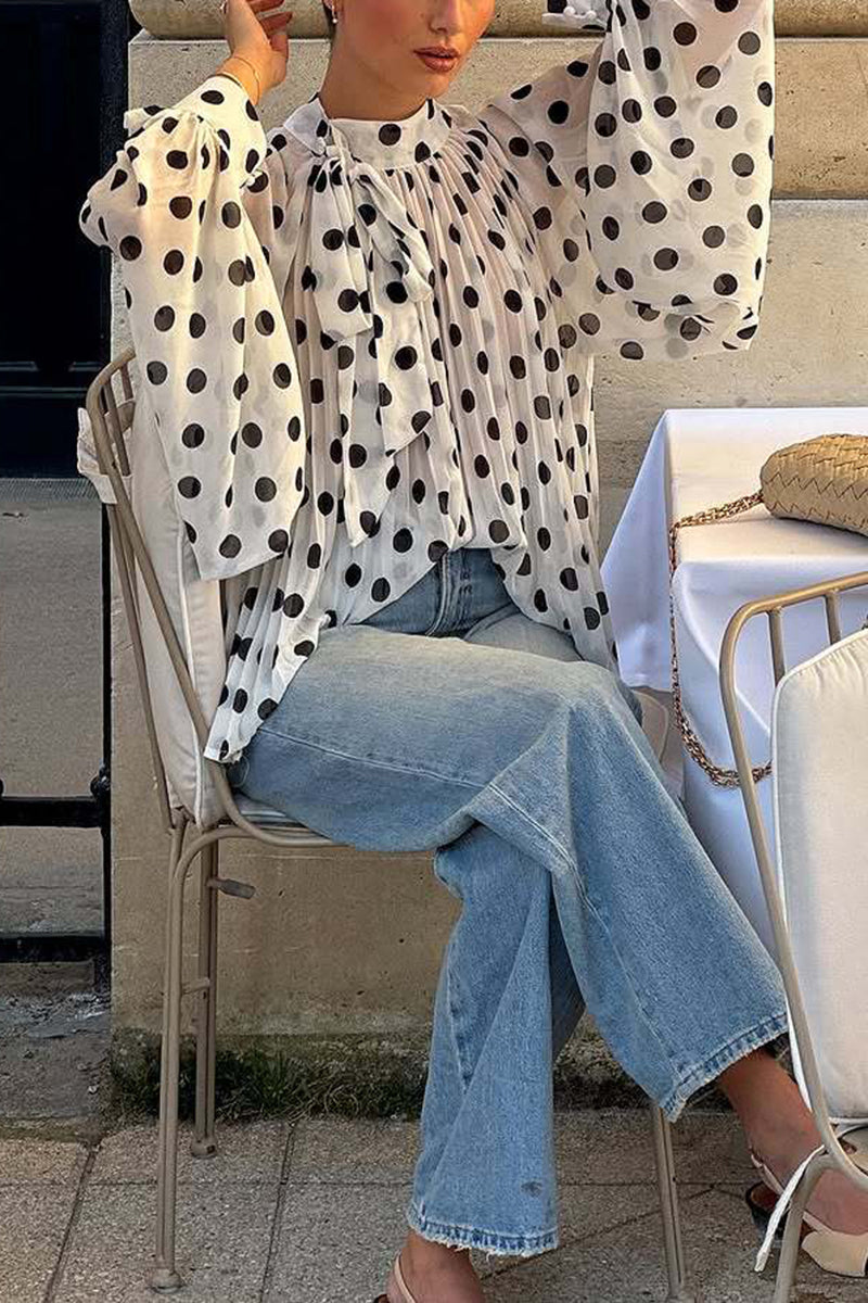 Polka Dot Ruffled Blouse with Flowing Sleeves