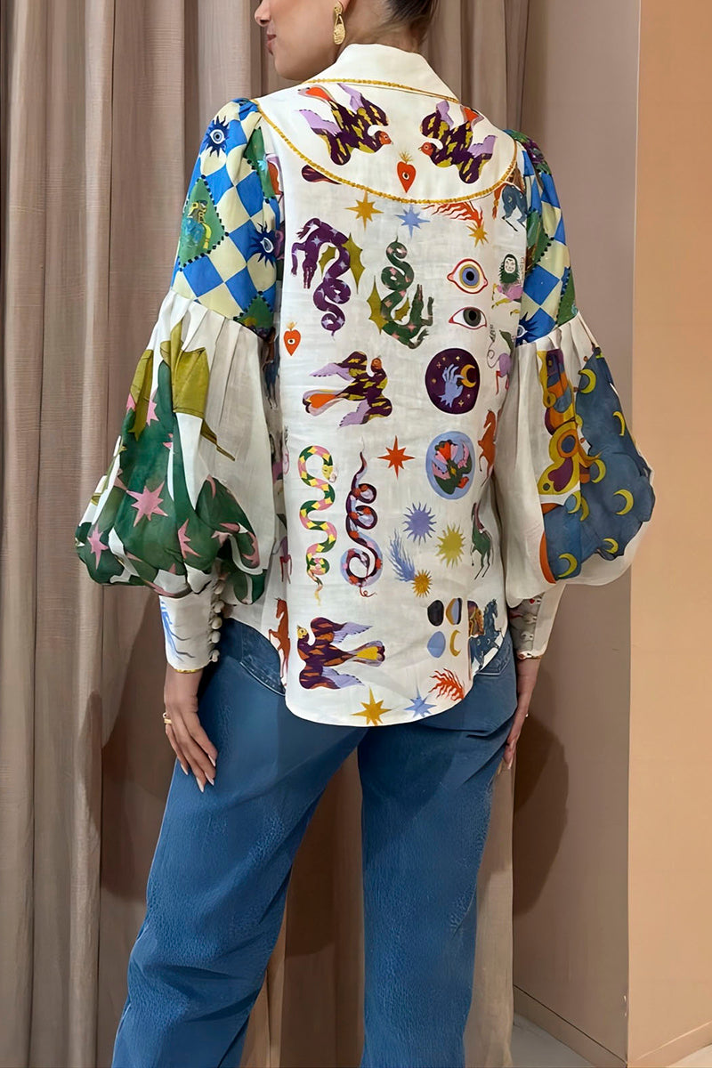 Playful Print Balloon Sleeve Blouse