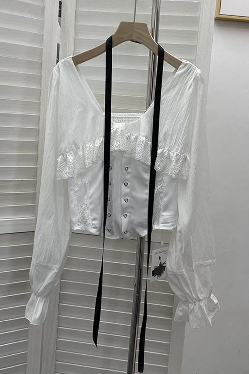 Lace-Up Corset Blouse with Ruffle Detail