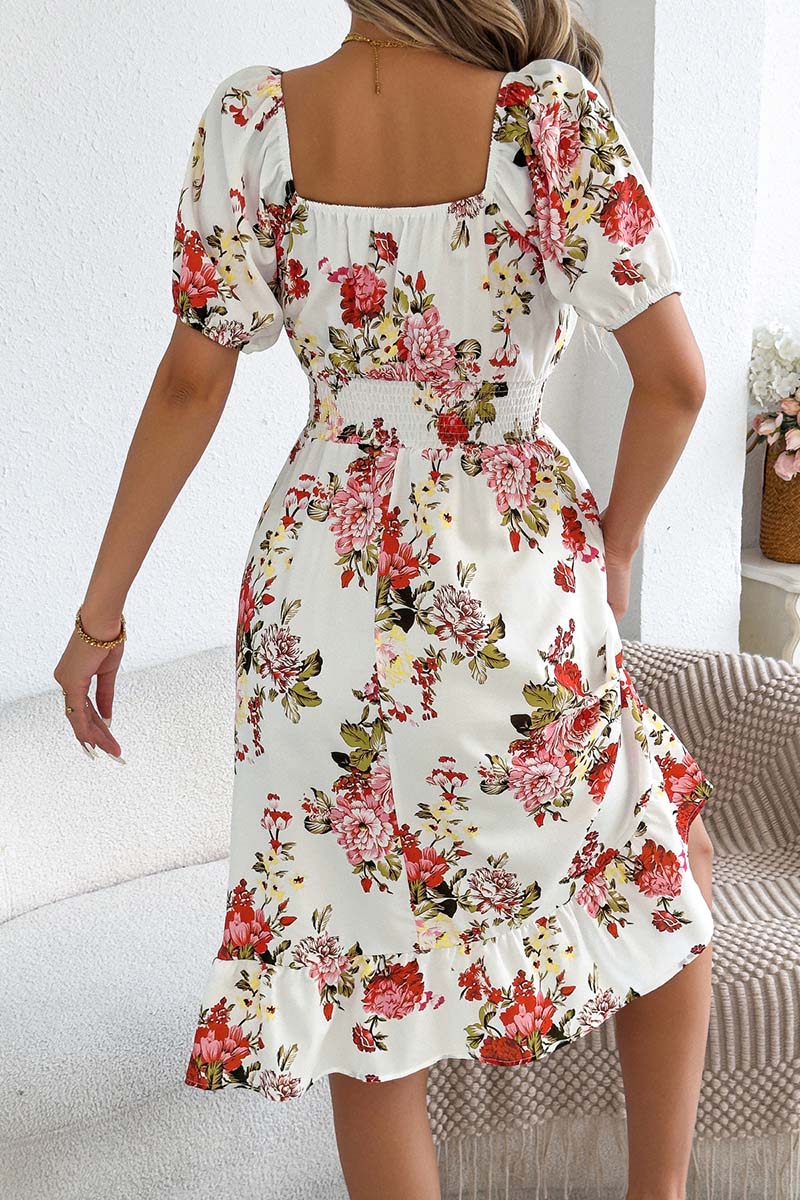 Off-Shoulder Floral Puff Sleeve Dress