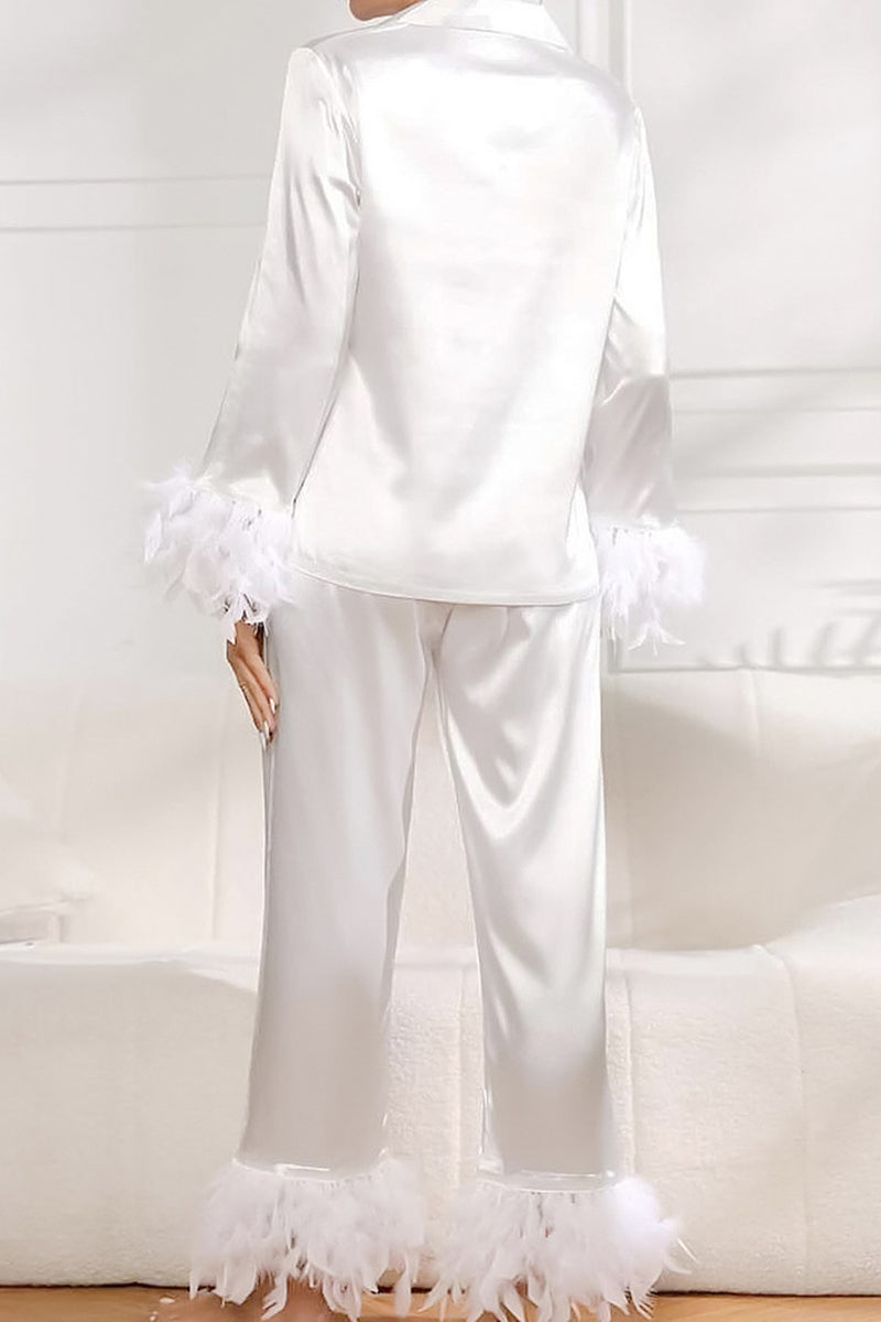 Feather Trim Buttoned Loungewear Set