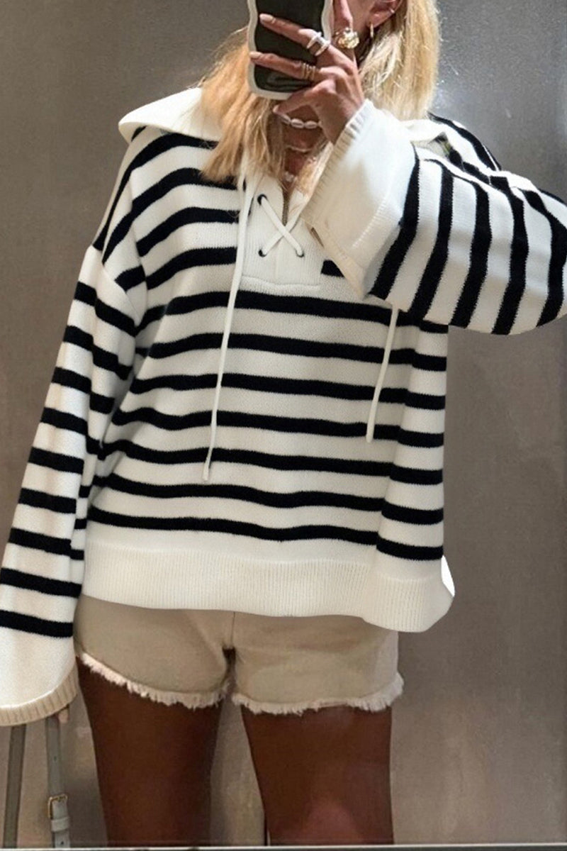 Striped Lace-Up Casual Hoodie