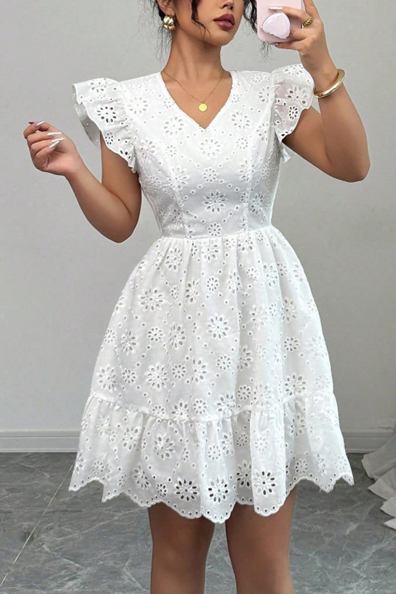 Eyelet Ruffle Sleeve V-Neck Dress