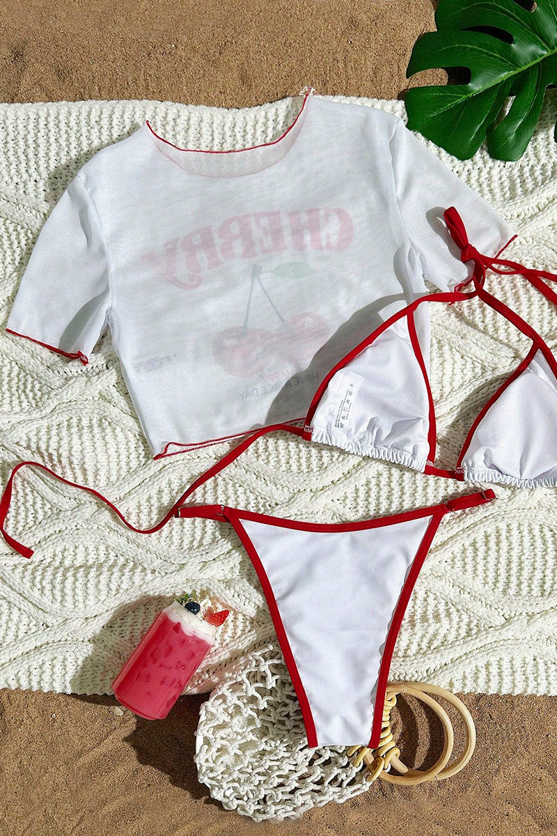 Cherry Print Bikini Set with Cover-Up