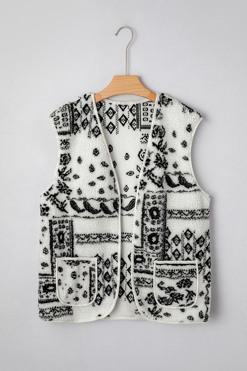 Patterned Sleeveless Vest with Pocket Detail