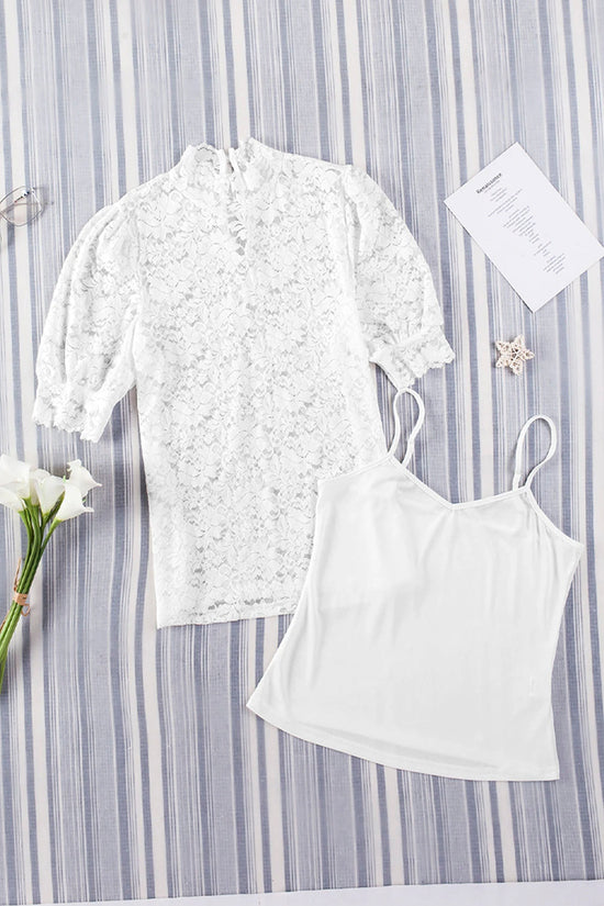High Neck Lace Short Sleeve Blouse Set
