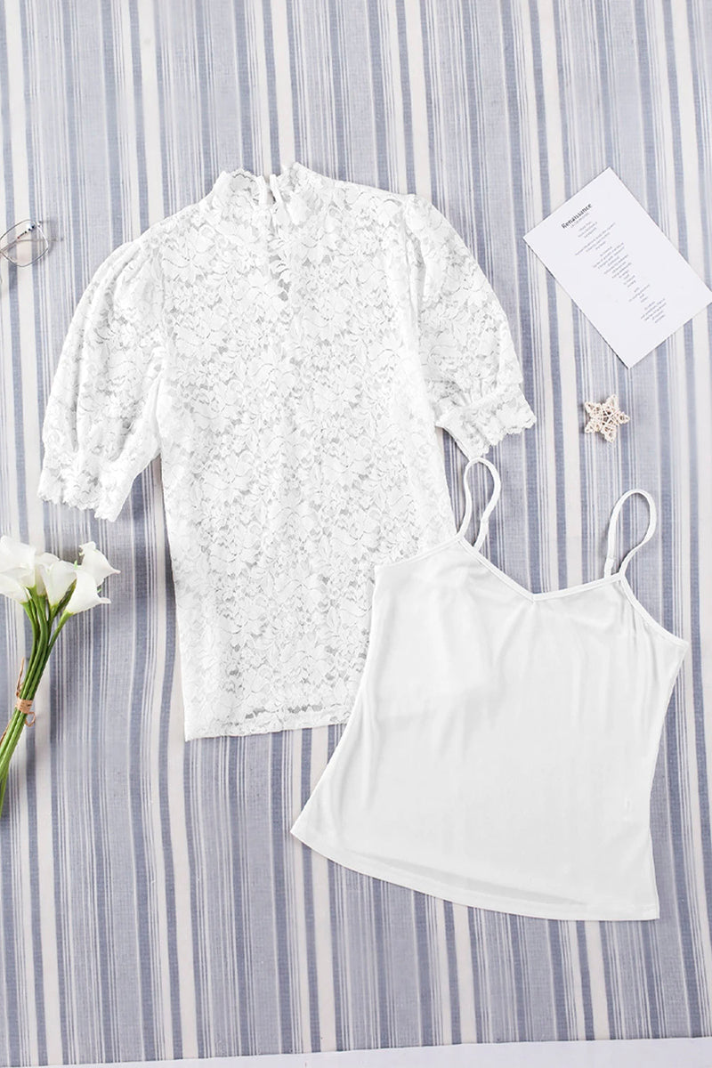 High Neck Lace Short Sleeve Blouse Set