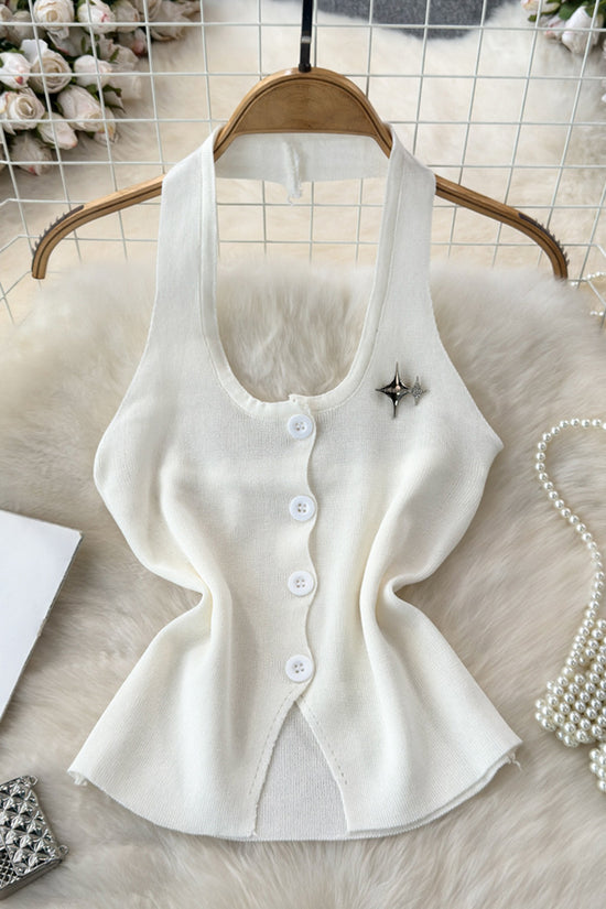 Buttoned Sleeveless Tank with Star Detail