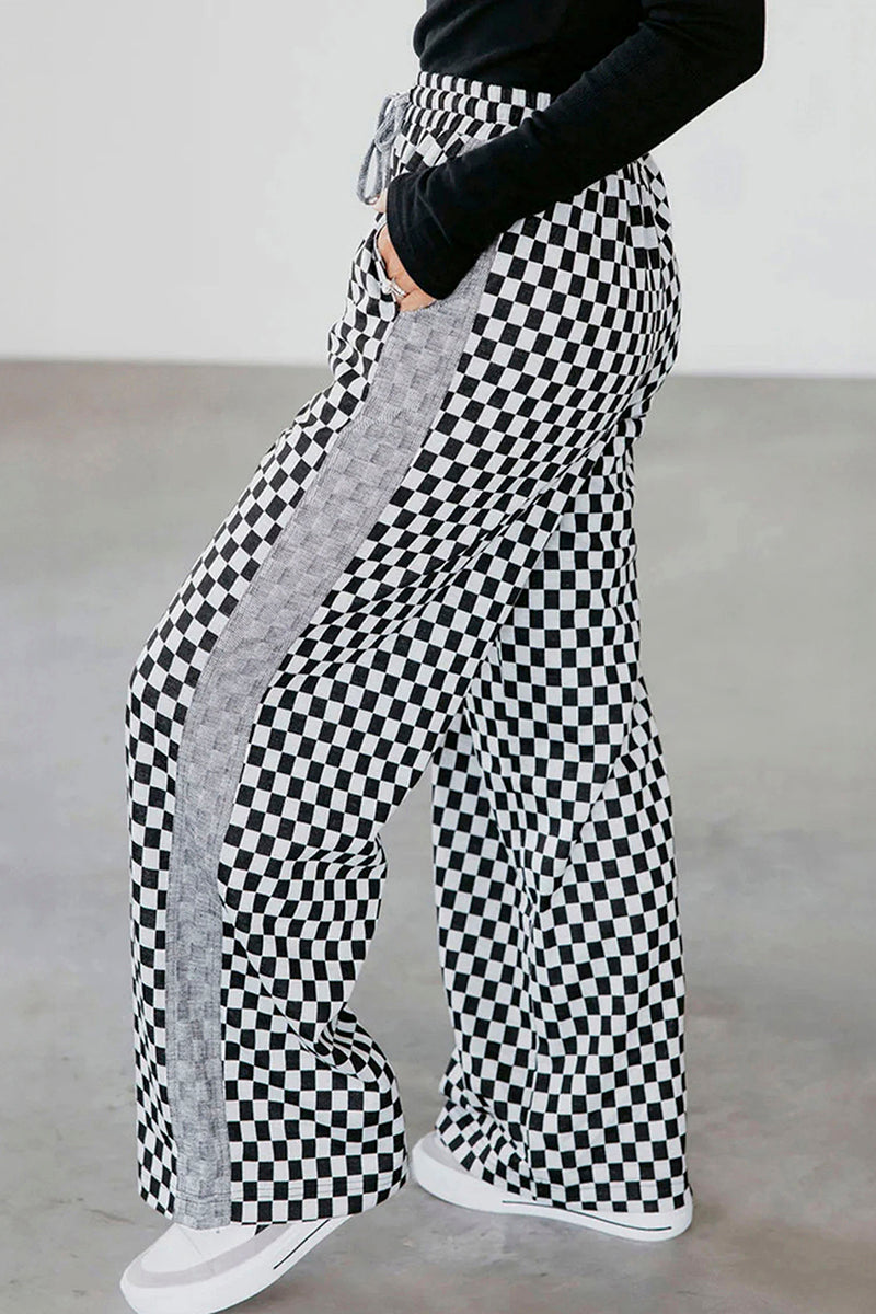 White Checkerboard Drawstring Waist Casual Pants