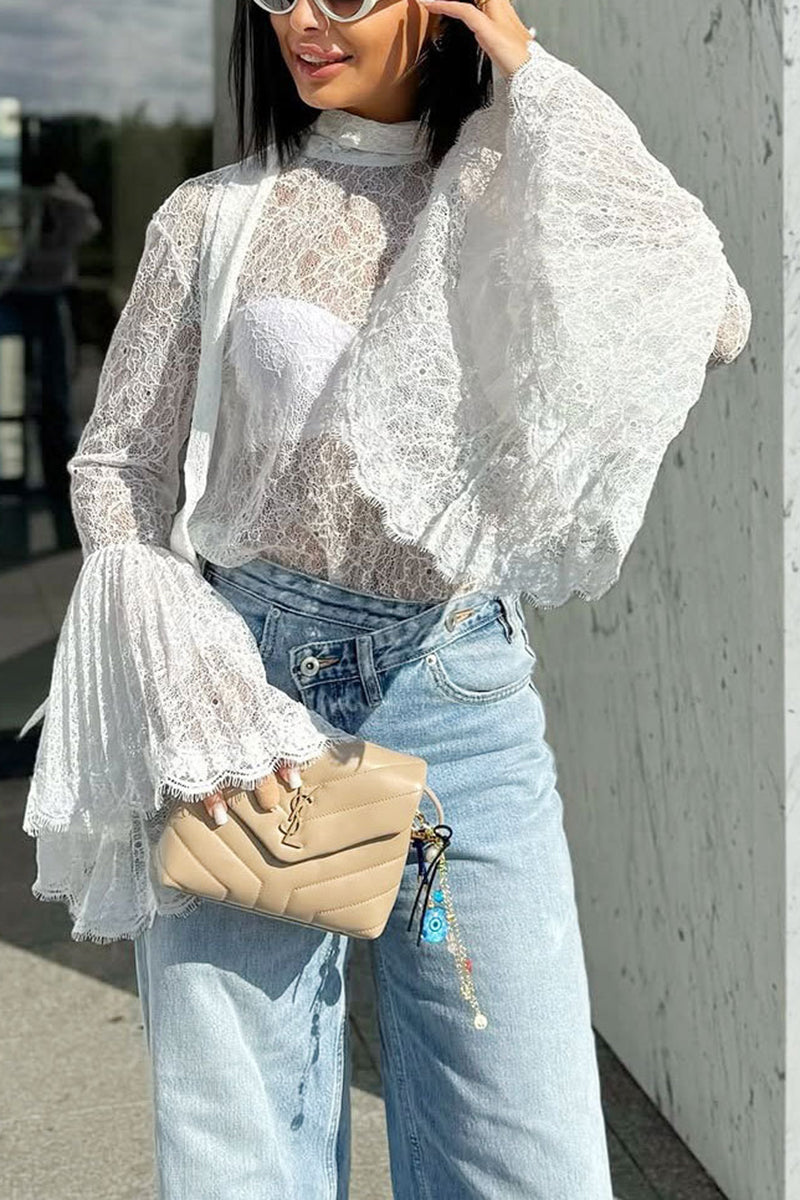 Elegant Lace Ruffle Sleeve Blouse