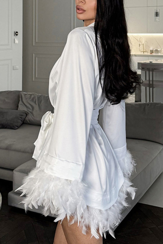 Feather Trim Belted Loungewear Robe