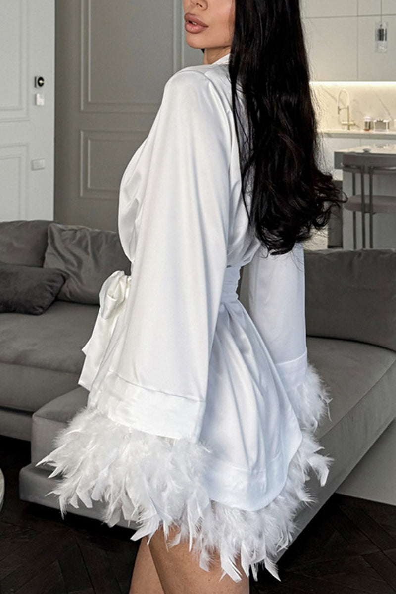 Feather Trim Belted Loungewear Robe