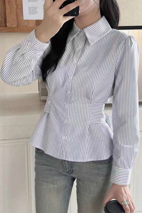 Stripe Pattern Button-Up Blouse