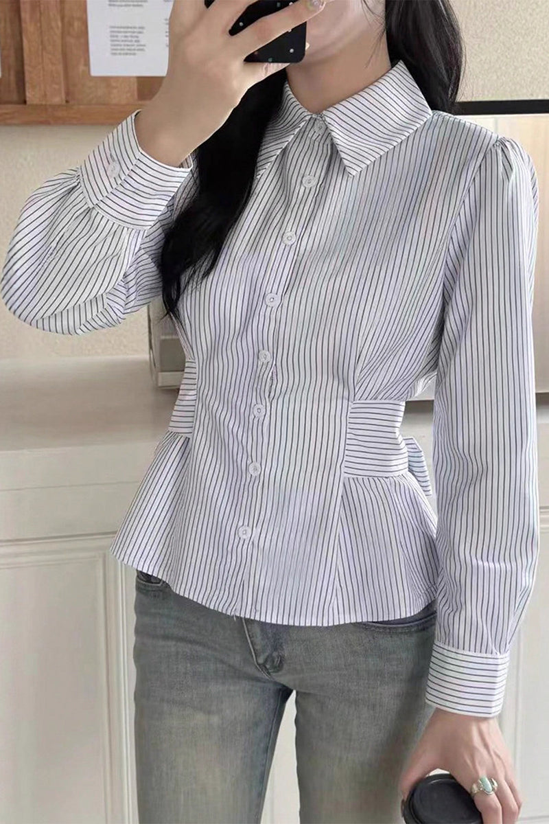 Stripe Pattern Button-Up Blouse