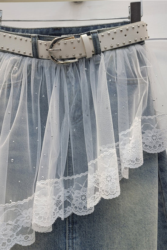 Chic Denim Skirt with Lace Overlay